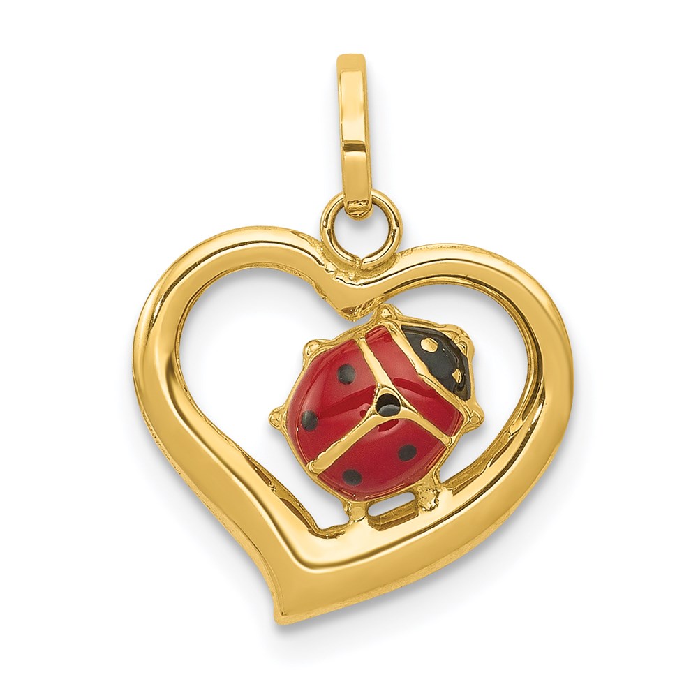 14k Yellow Gold Open Heart Enameled Ladybug Pendant, 14mm