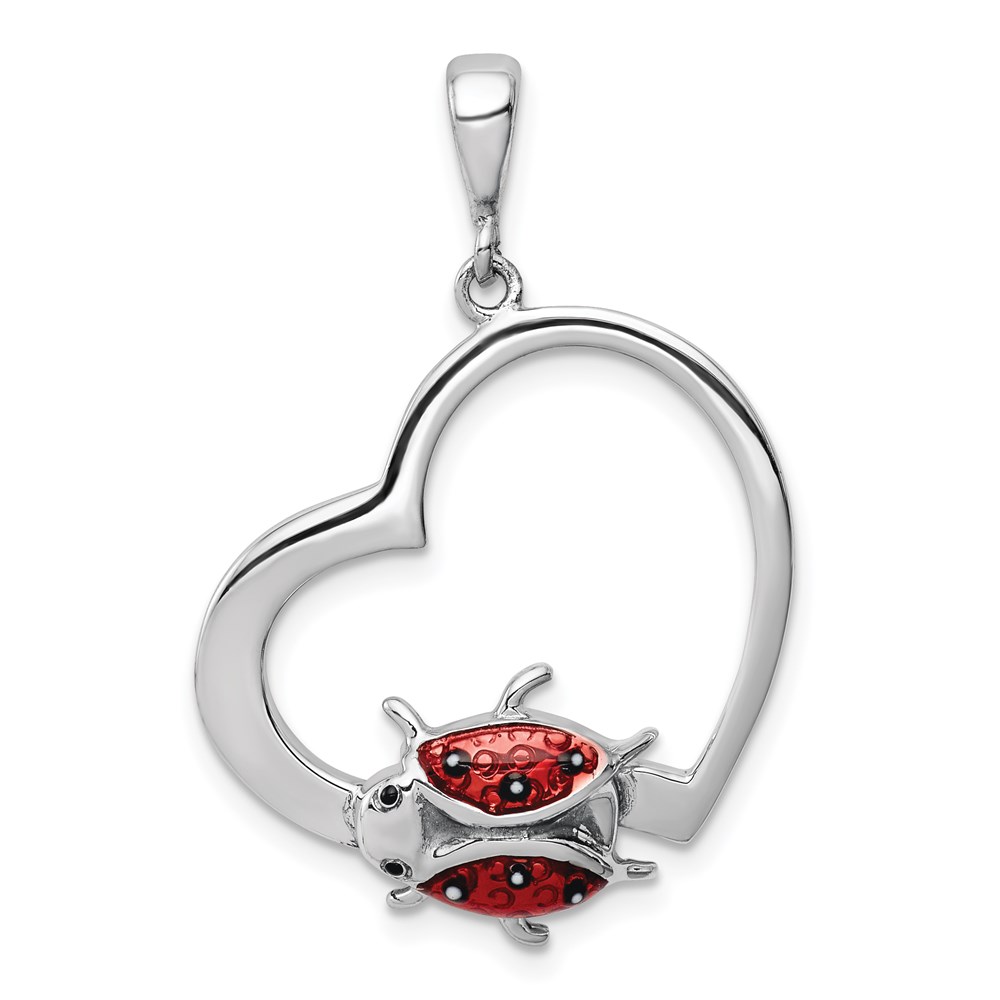 Sterling Silver and Enameled Open Heart Ladybug Pendant, 22mm