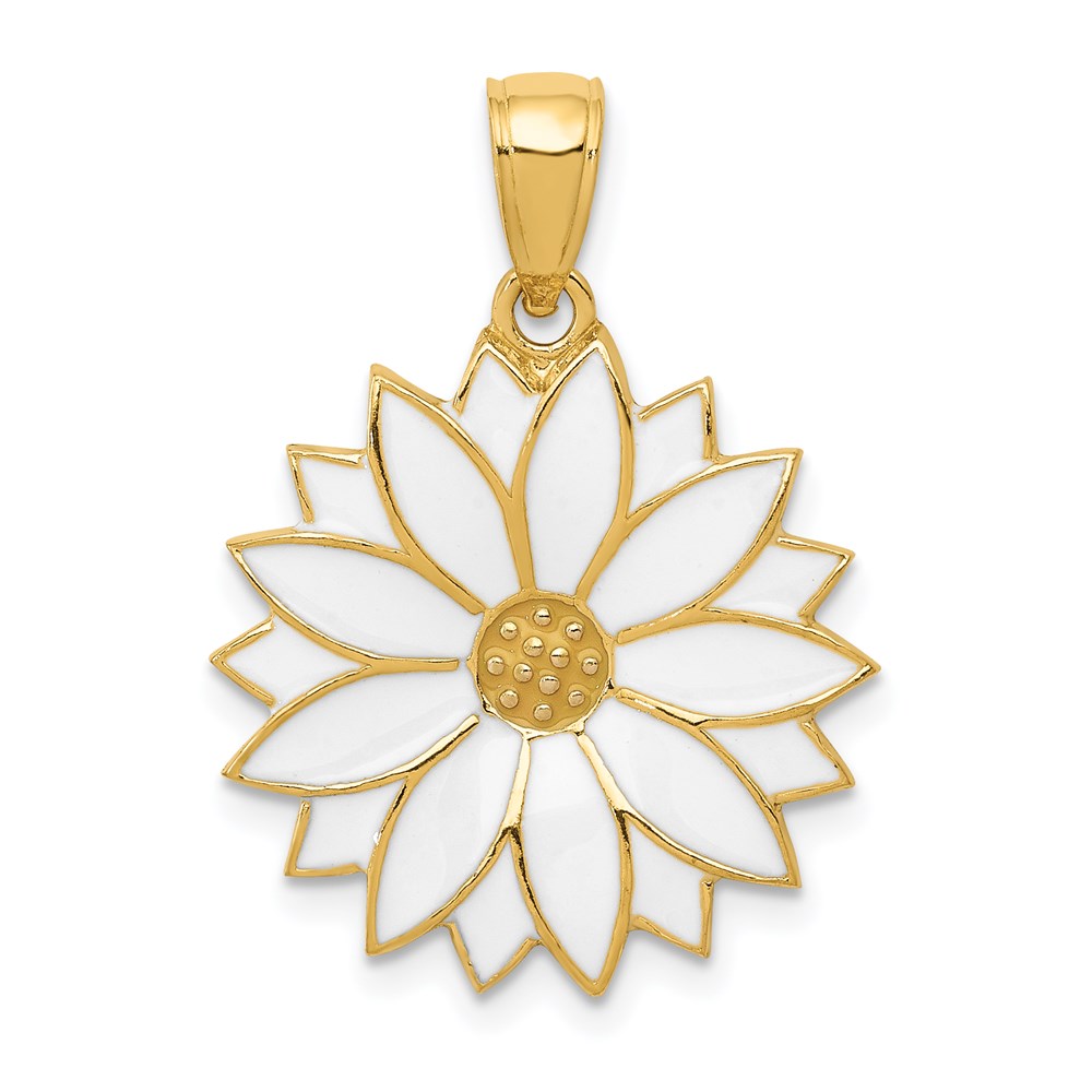 14k Yellow Gold 19mm White Enameled Daisy Blossom Pendant