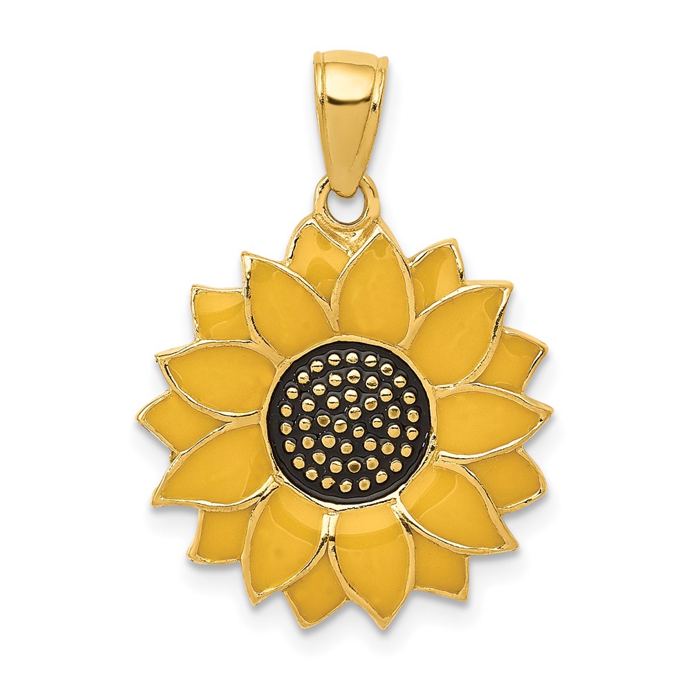 14k Yellow Gold 18mm Yellow Enameled Sunflower Pendant