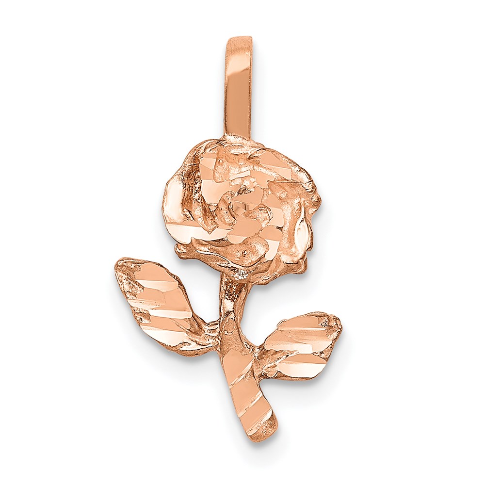 14k Rose Gold Diamond Cut Stemmed Rose Flower Charm