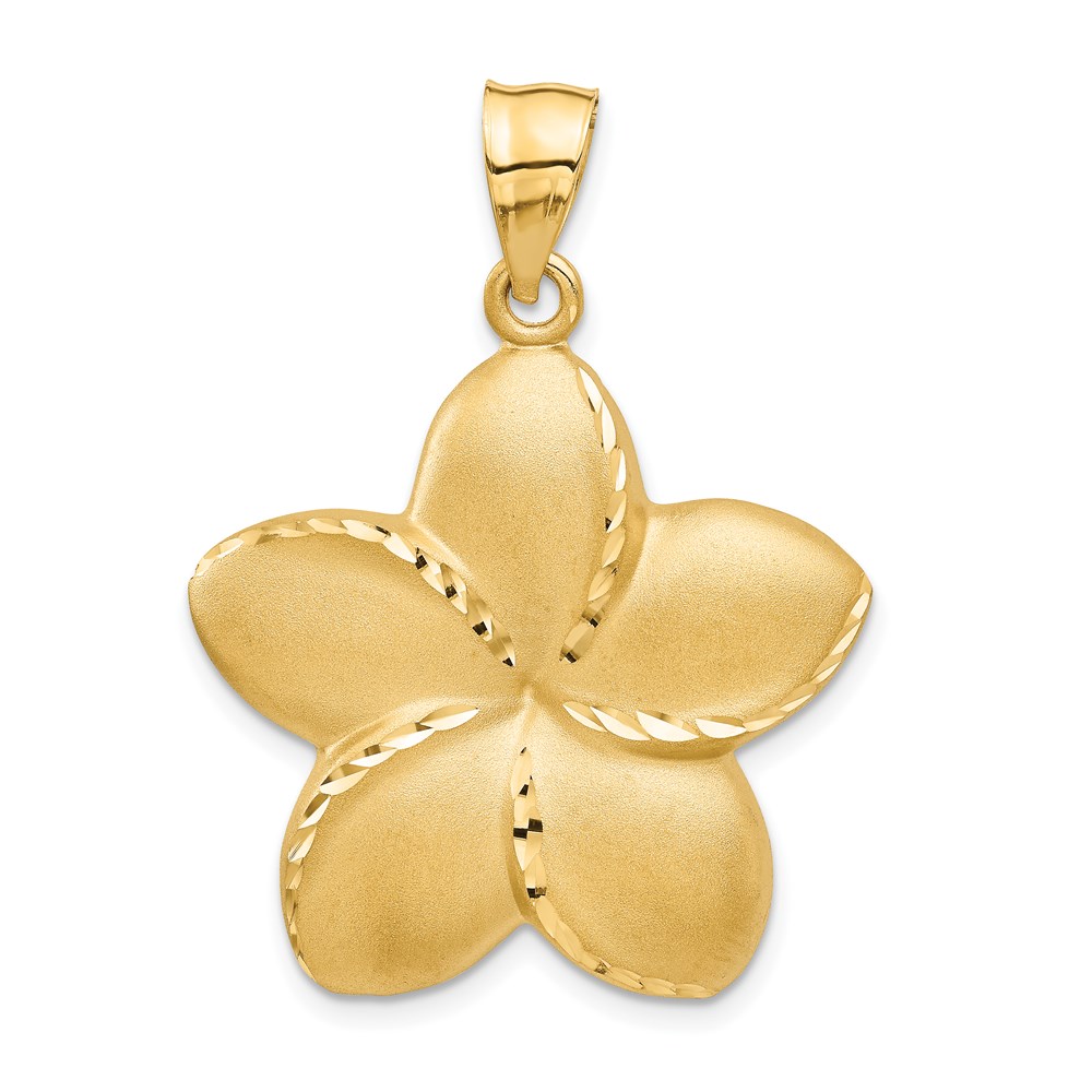 14k Yellow Gold 28mm Satin and Diamond Cut Plumeria Pendant