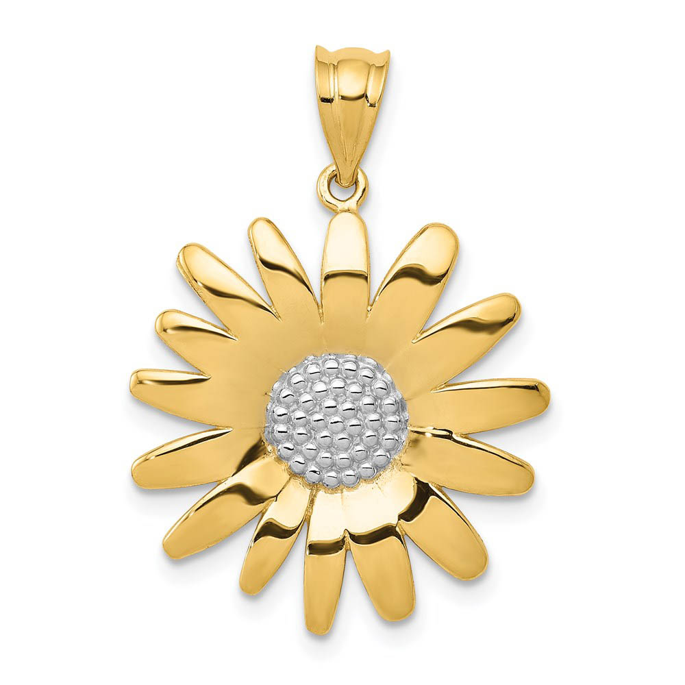 14k Yellow Gold and White Rhodium Two Tone Sunflower Pendant, 22mm