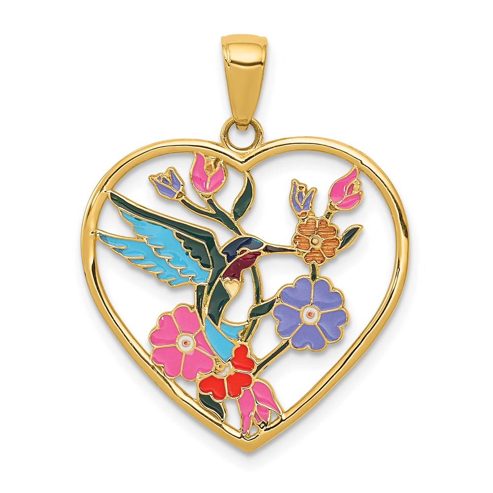 14k Yellow Gold 22mm Enameled Hummingbird Heart Pendant