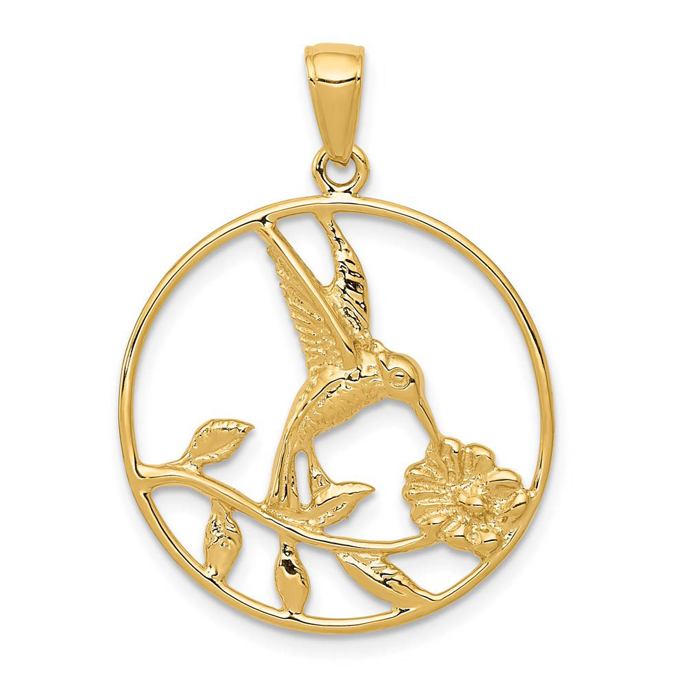 14k Yellow Gold 24mm Round Hummingbird and Flower Pendant