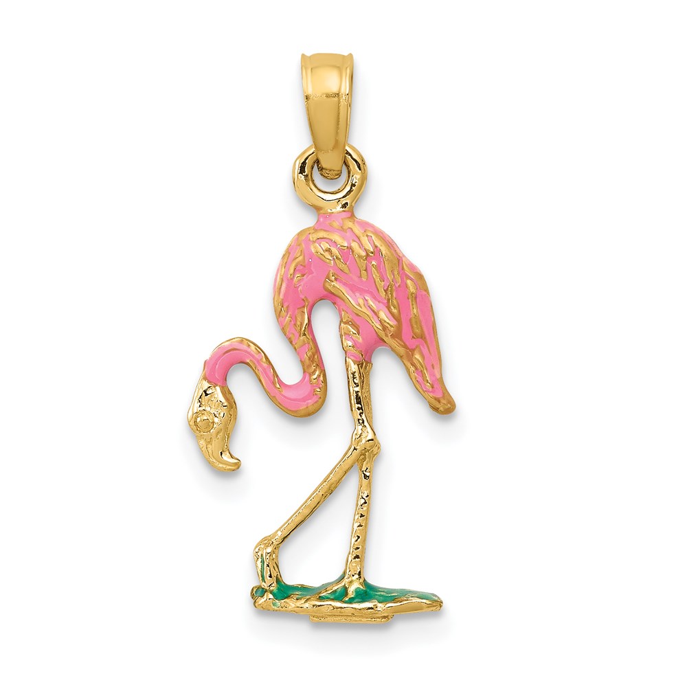14k Yellow Gold and Enamel 3D Pink Flamingo Pendant