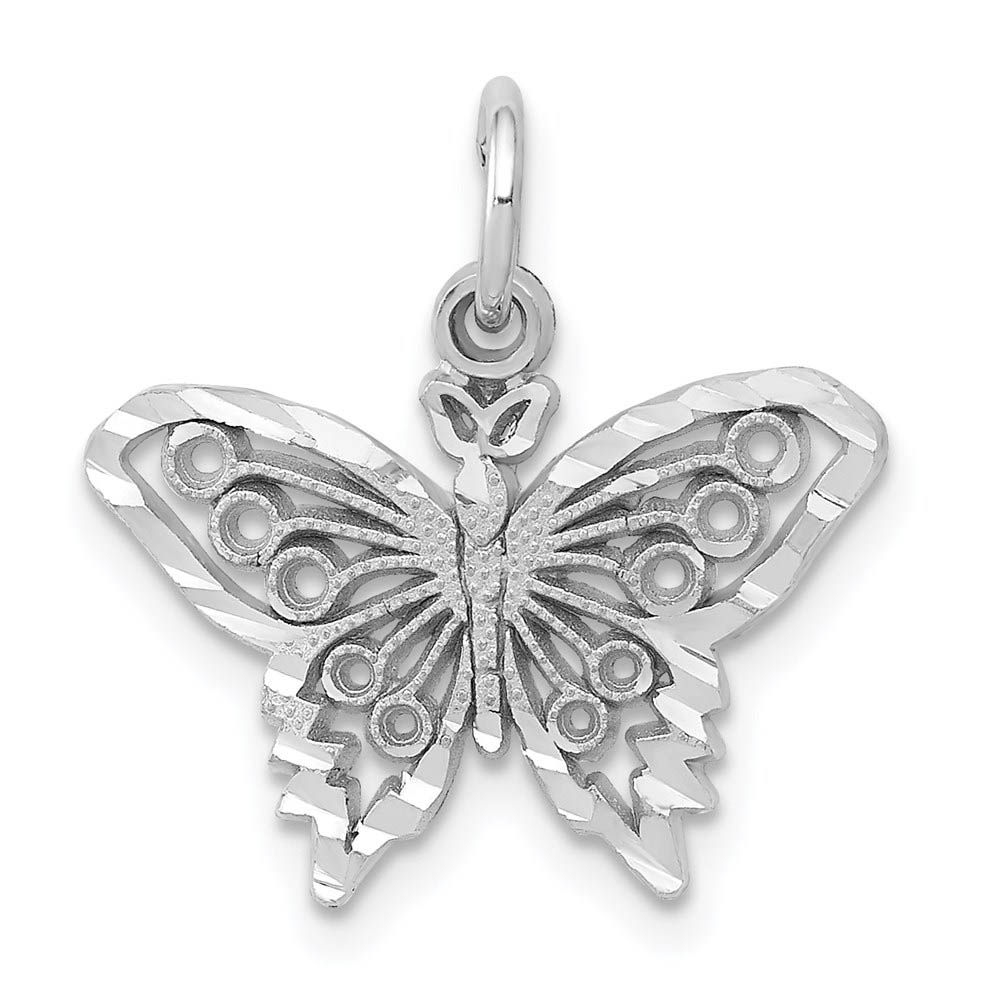 14k White Gold Diamond Cut Butterfly Charm, 17mm