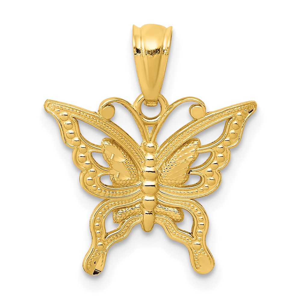 14k Yellow Gold Diamond Cut Butterfly Pendant, 15mm