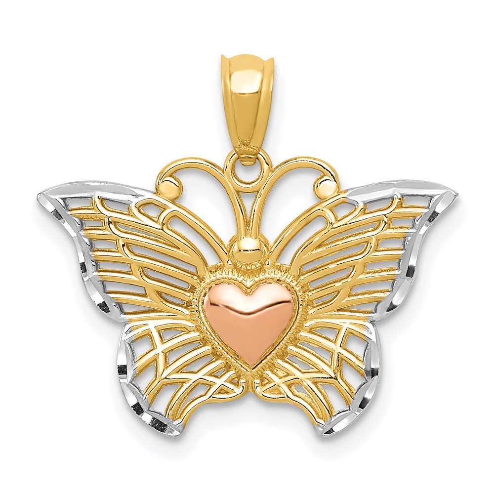 14k Yellow & Rose Gold with White Rhodium 22mm Butterfly Heart Pendant
