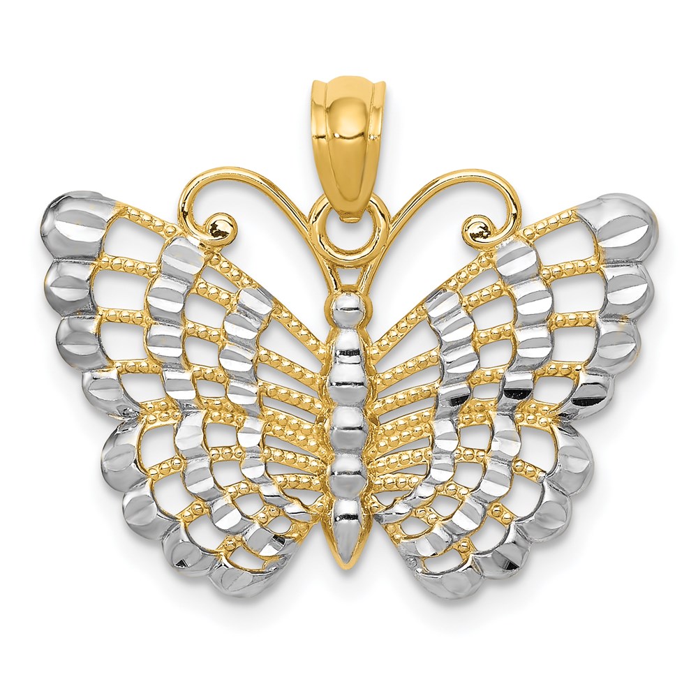 14k Yellow Gold & White Rhodium 24mm Diamond Cut Butterfly Pendant