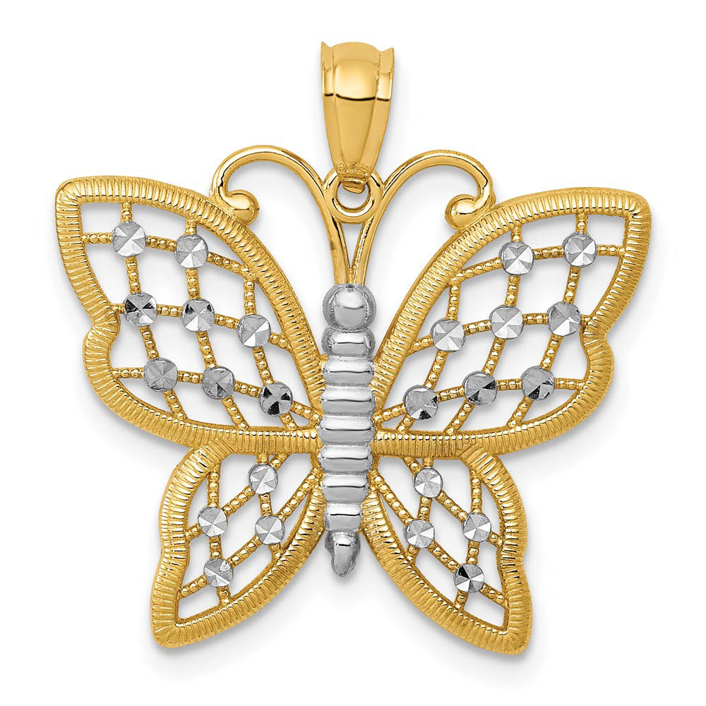 14k Yellow Gold & White Rhodium 23mm Diamond Cut Butterfly Pendant