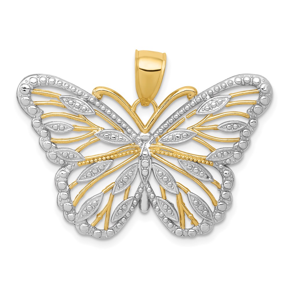 14k Yellow Gold and White Rhodium Ornate Butterfly Pendant, 34mm
