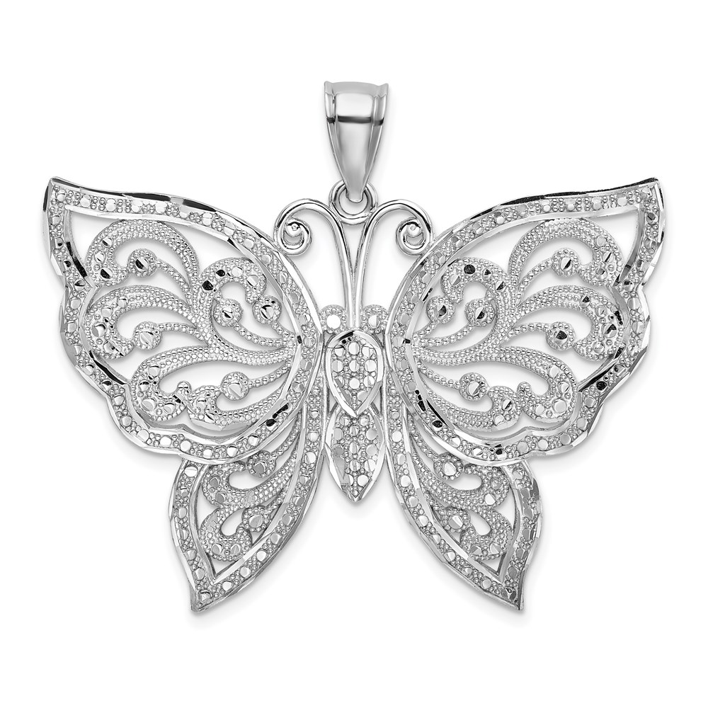 14k White Gold Filigree Butterfly Pendant, 42mm