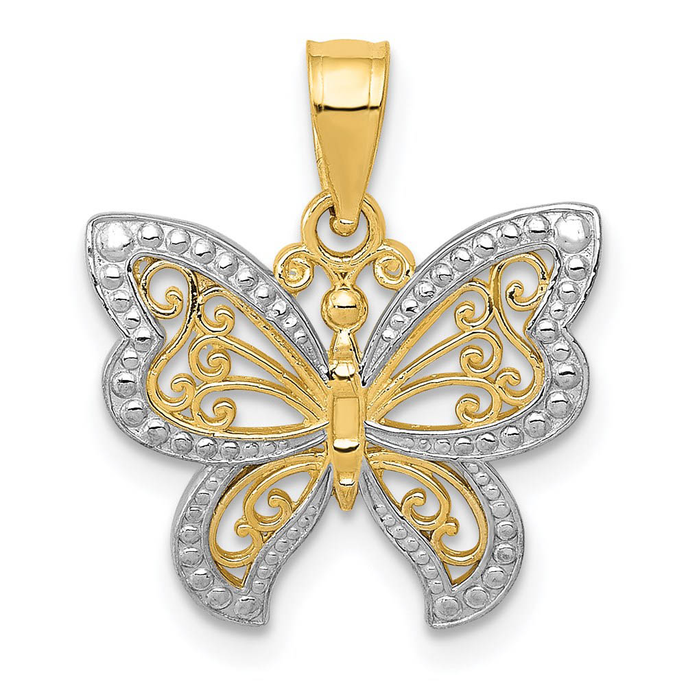 14k Yellow Gold and White Rhodium Two Tone Butterfly Pendant, 17mm