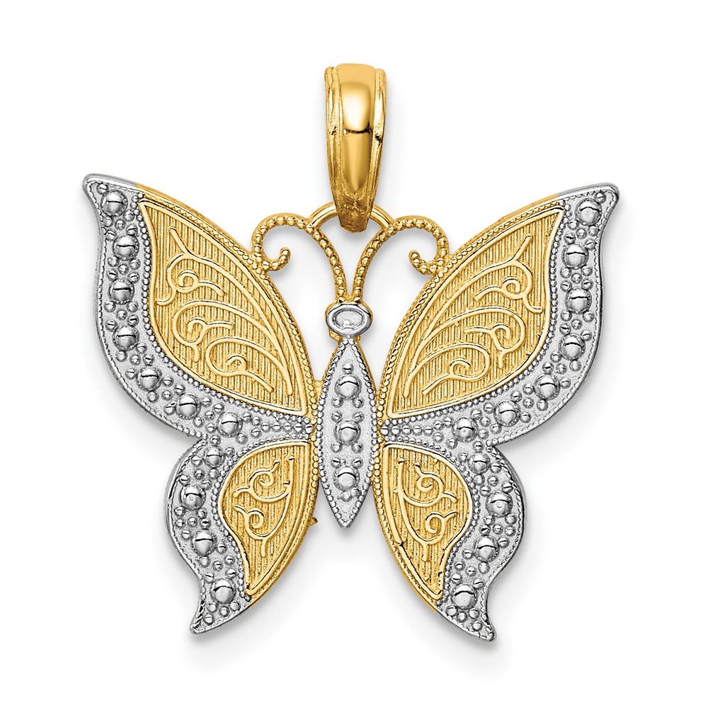 14k Yellow Gold and White Rhodium Fancy Butterfly Pendant, 19mm