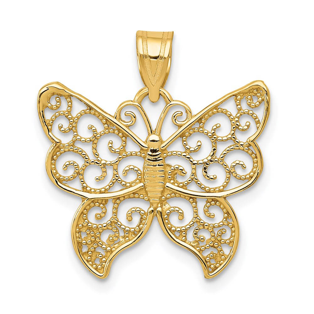 14k Yellow Gold Textured Filigree Butterfly Pendant, 20mm
