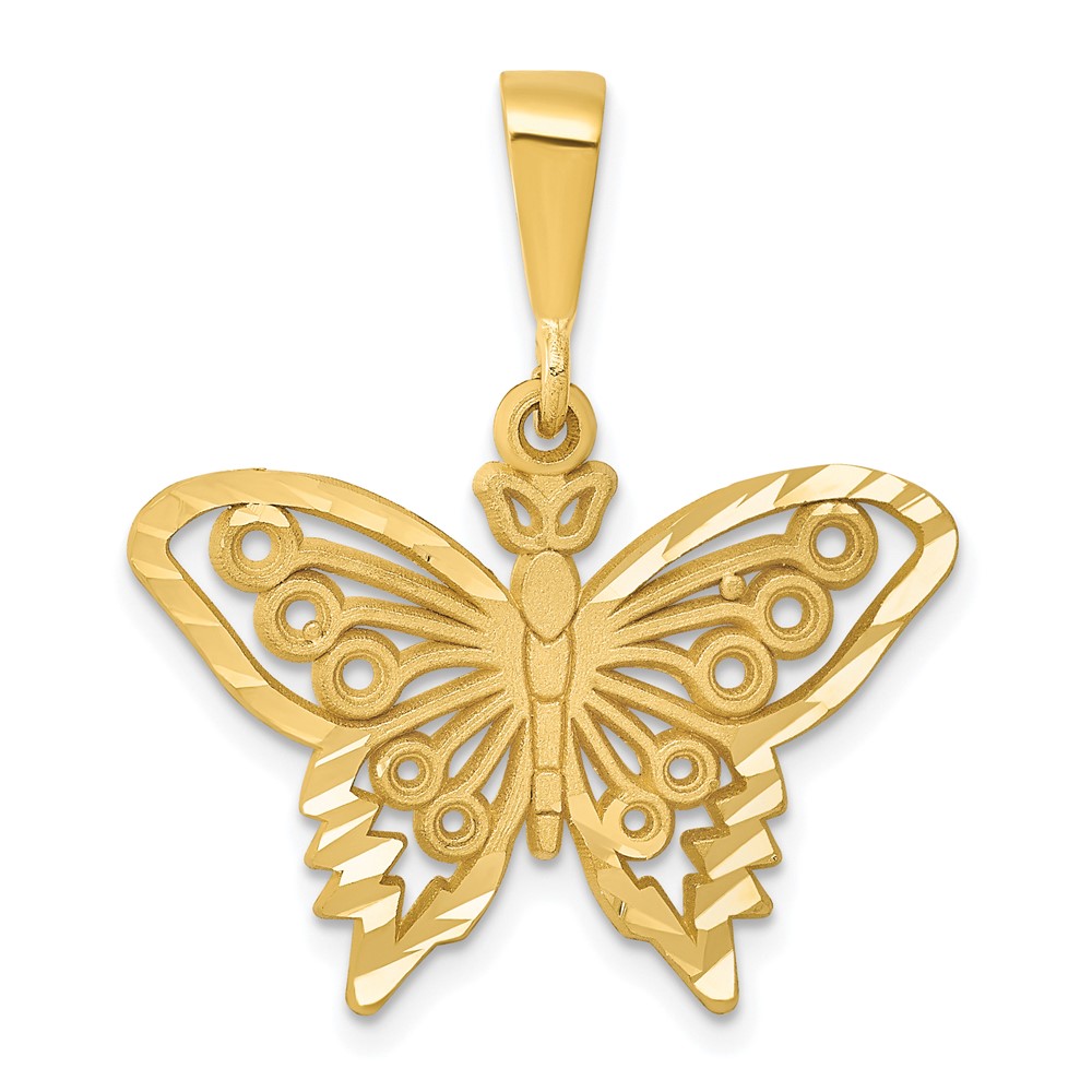 14k Yellow Gold Satin and Diamond Cut Butterfly Pendant, 25mm