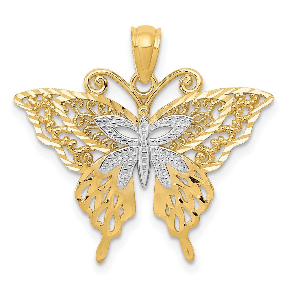 14k Yellow Gold and White Rhodium Fancy Butterfly Pendant, 25mm