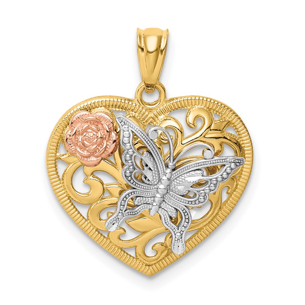 14k Yellow & Rose Gold with White Rhodium 19mm Heart Butterfly Pendant