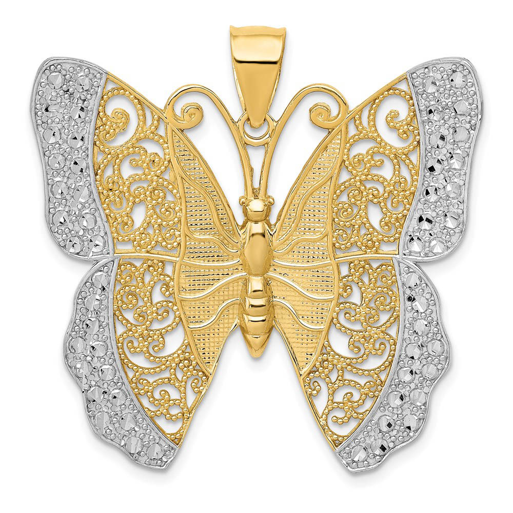 14k Yellow Gold & White Rhodium 37mm Textured Butterfly Pendant