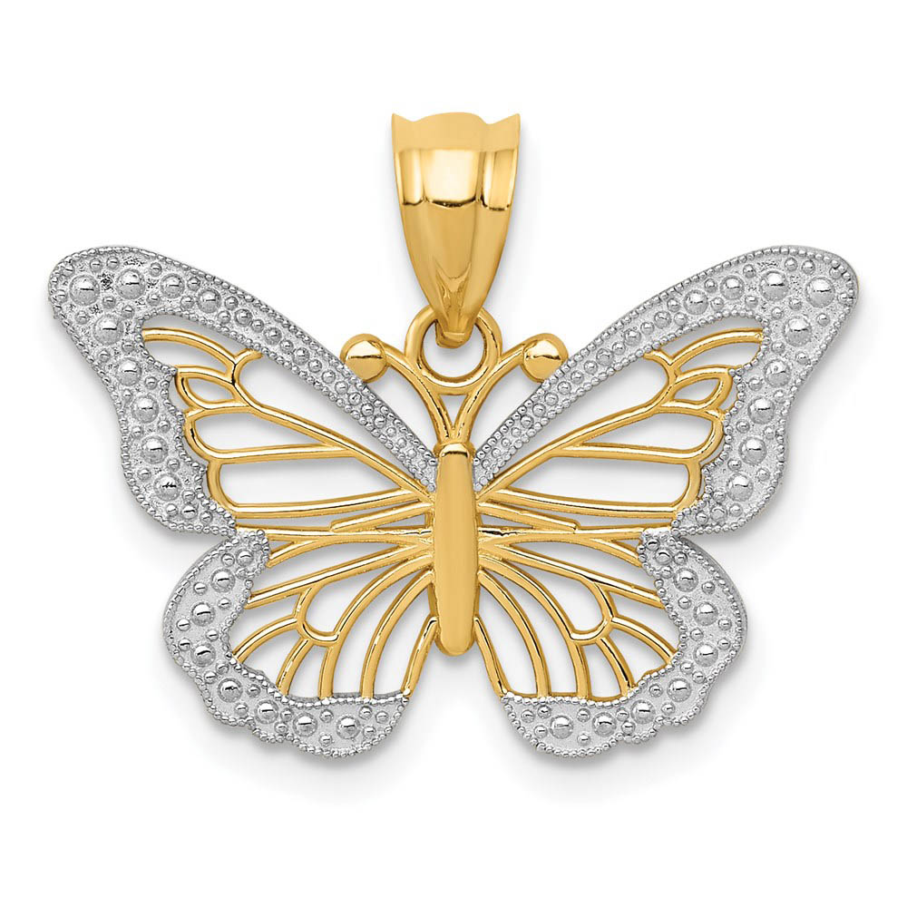14k Yellow Gold & White Rhodium Fancy Butterfly Pendant, 23mm