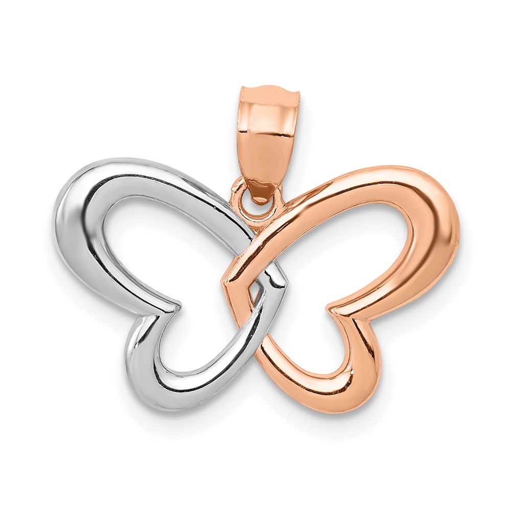 14k Rose Gold and White Rhodium Heart Winged Butterfly Pendant, 19mm