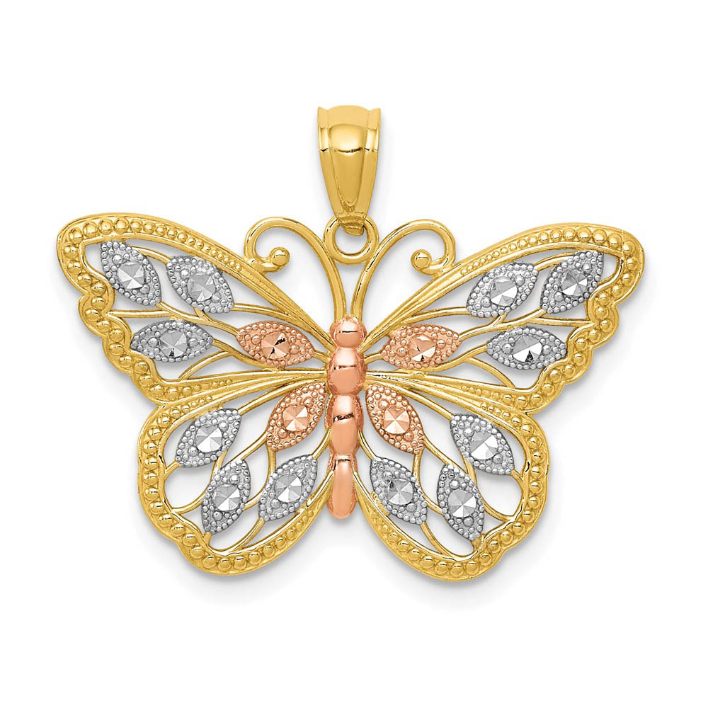 14k Yellow Gold with White & Rose Rhodium 26mm Butterfly Pendant