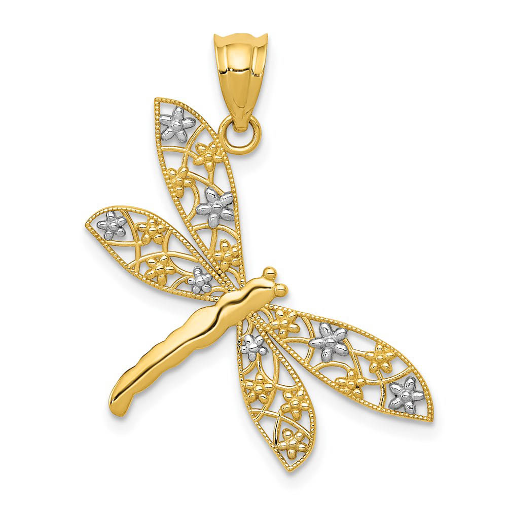 14k Yellow Gold & White Rhodium Floral Winged Dragonfly Pendant, 28mm
