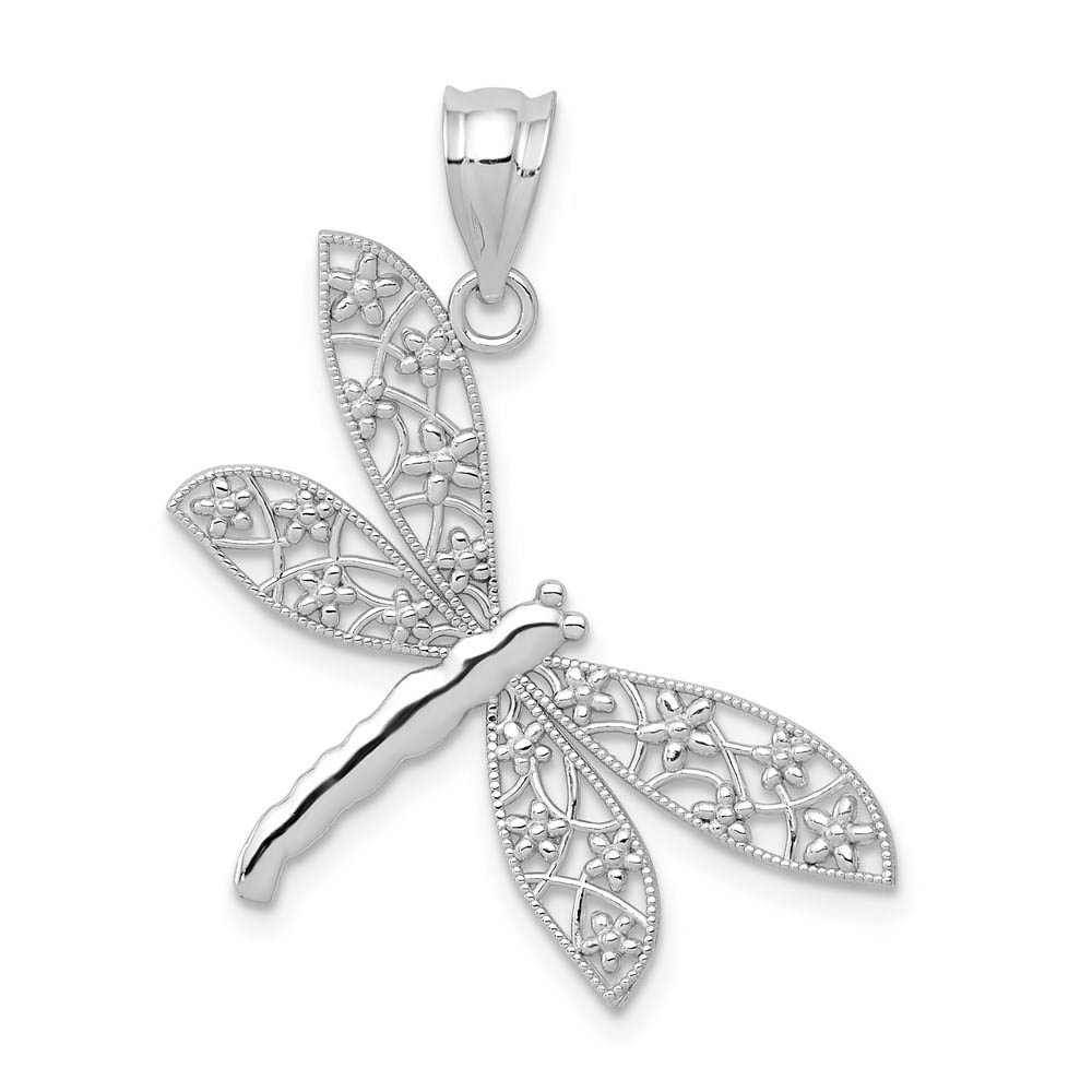 14k White Gold Floral Winged Dragonfly Pendant, 28mm
