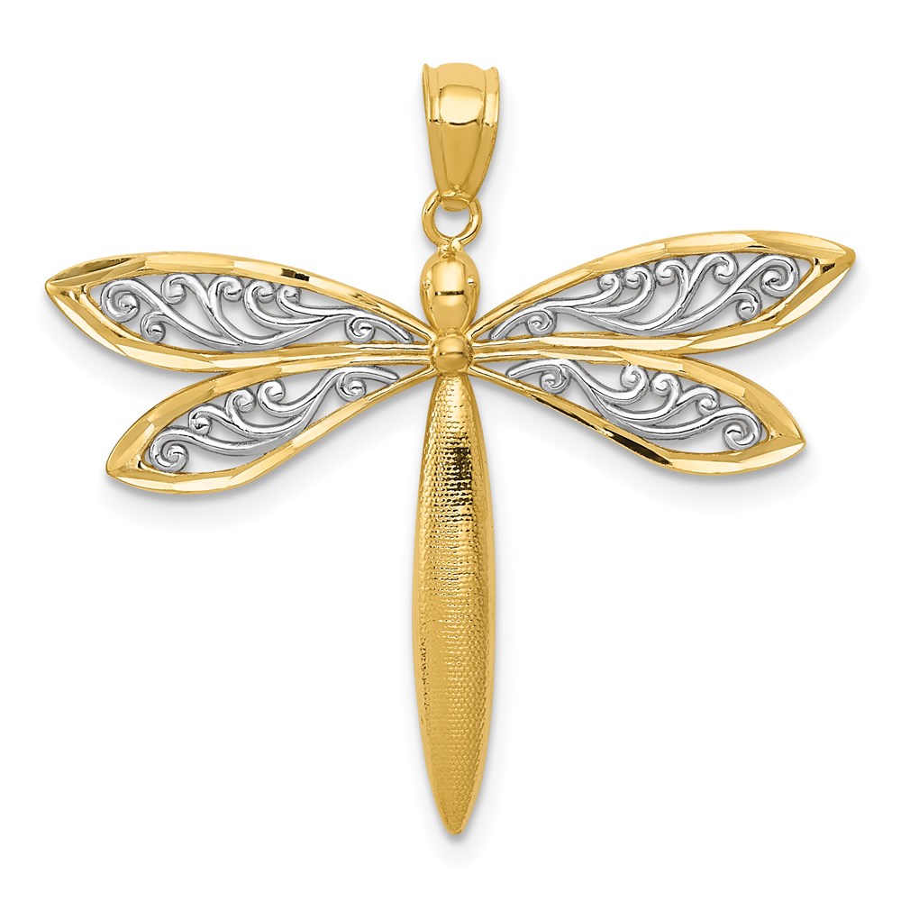 14k Yellow Gold & White Rhodium 30mm Filigree Dragonfly Pendant
