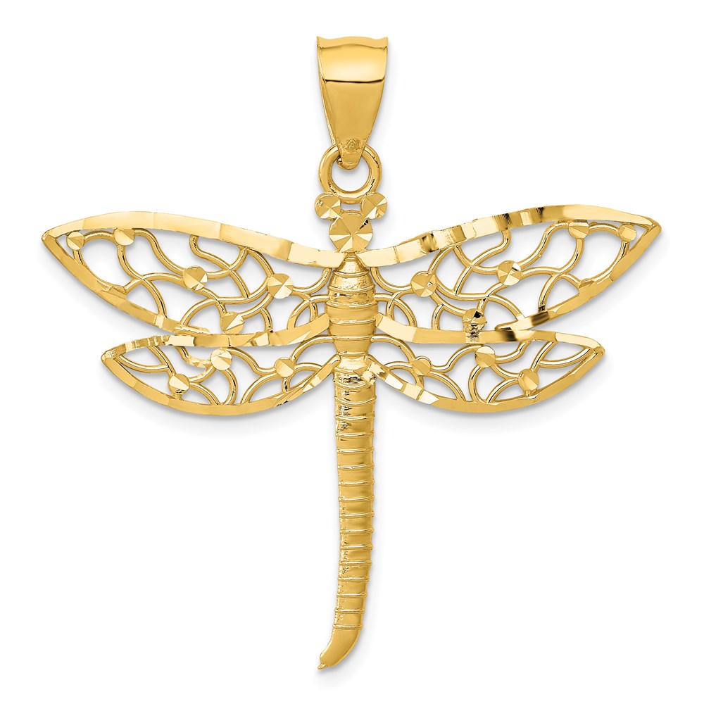 14k Yellow Gold Diamond Cut Filigree Dragonfly Pendant