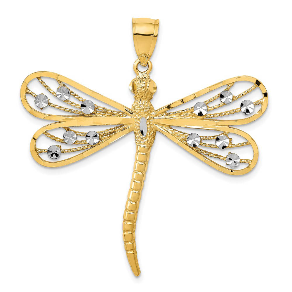14k Yellow Gold & White Rhodium Dragonfly Pendant
