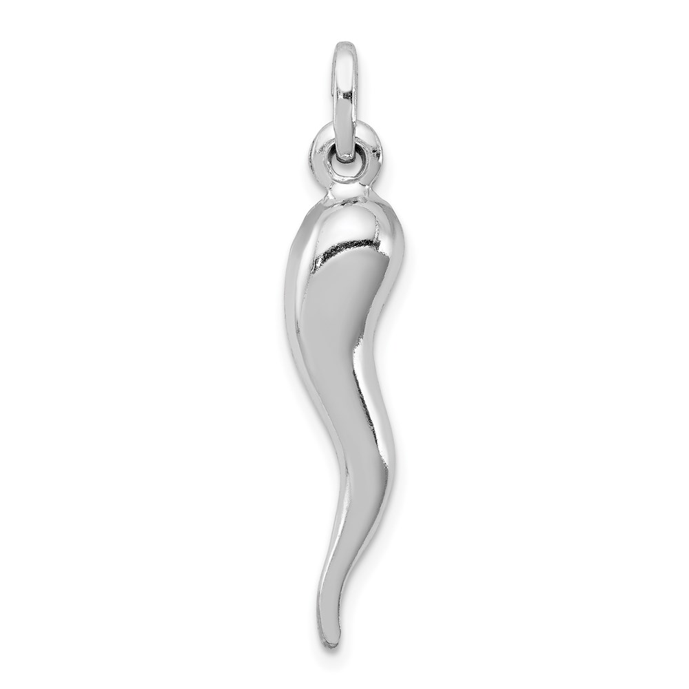 Rhodium Plated Sterling Silver 3D Italian Horn Pendant, 7 x 35mm