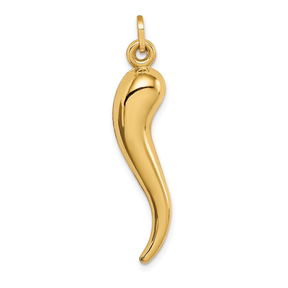 14k Yellow Gold 3D Hollow Italian Horn Pendant, 7 x 35mm