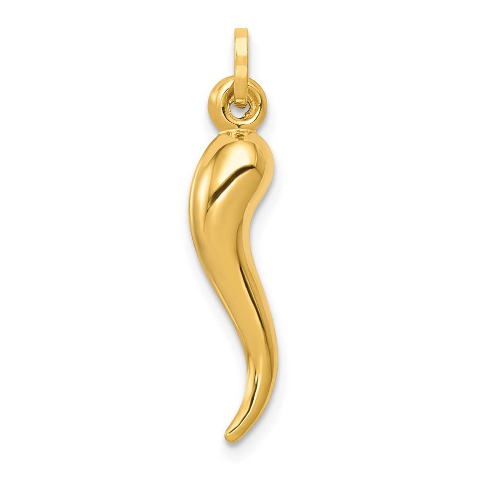 14k Yellow Gold 3D Hollow Italian Horn Pendant, 5 x 28mm