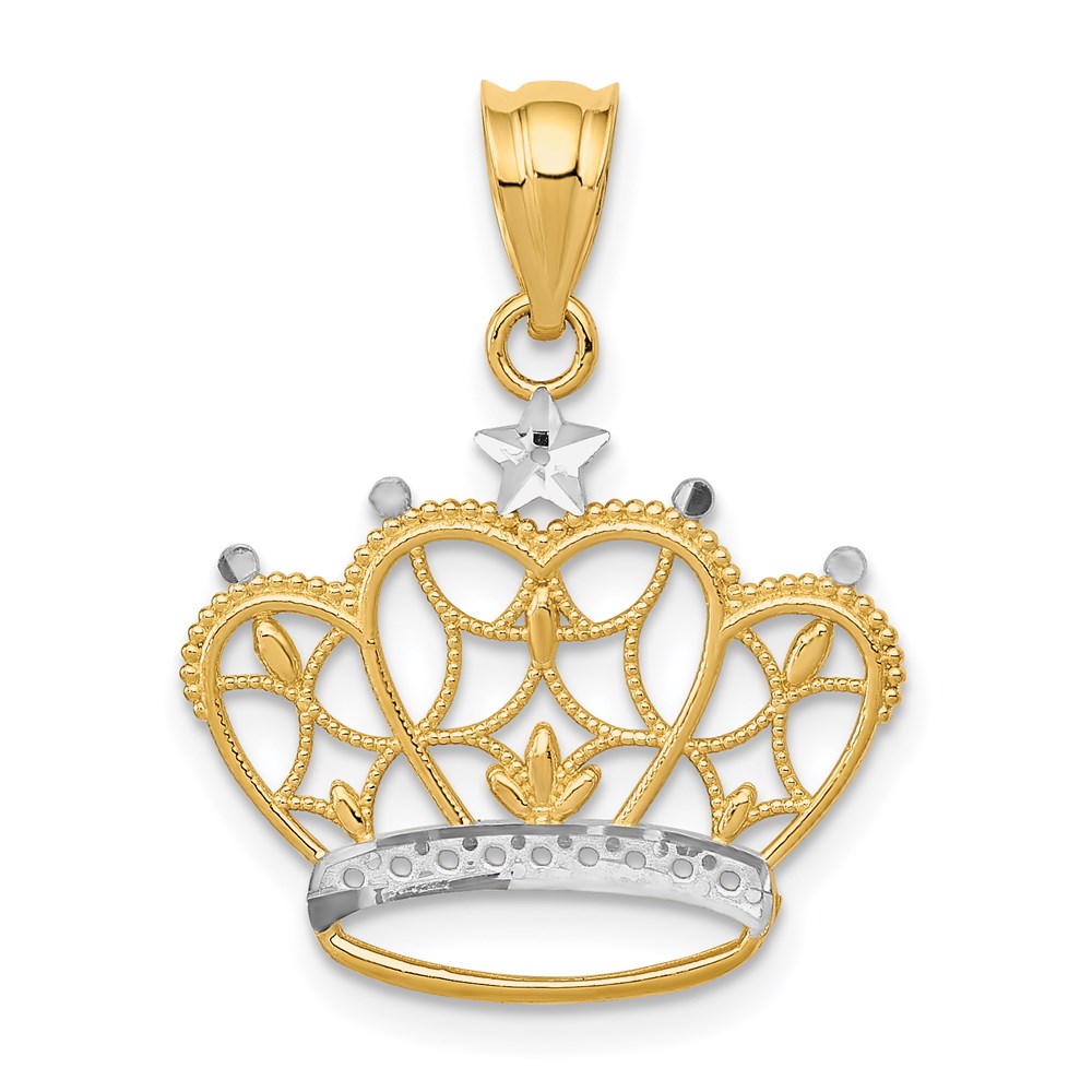 14k Yellow Gold and White Rhodium Two Tone Crown Pendant, 19mm