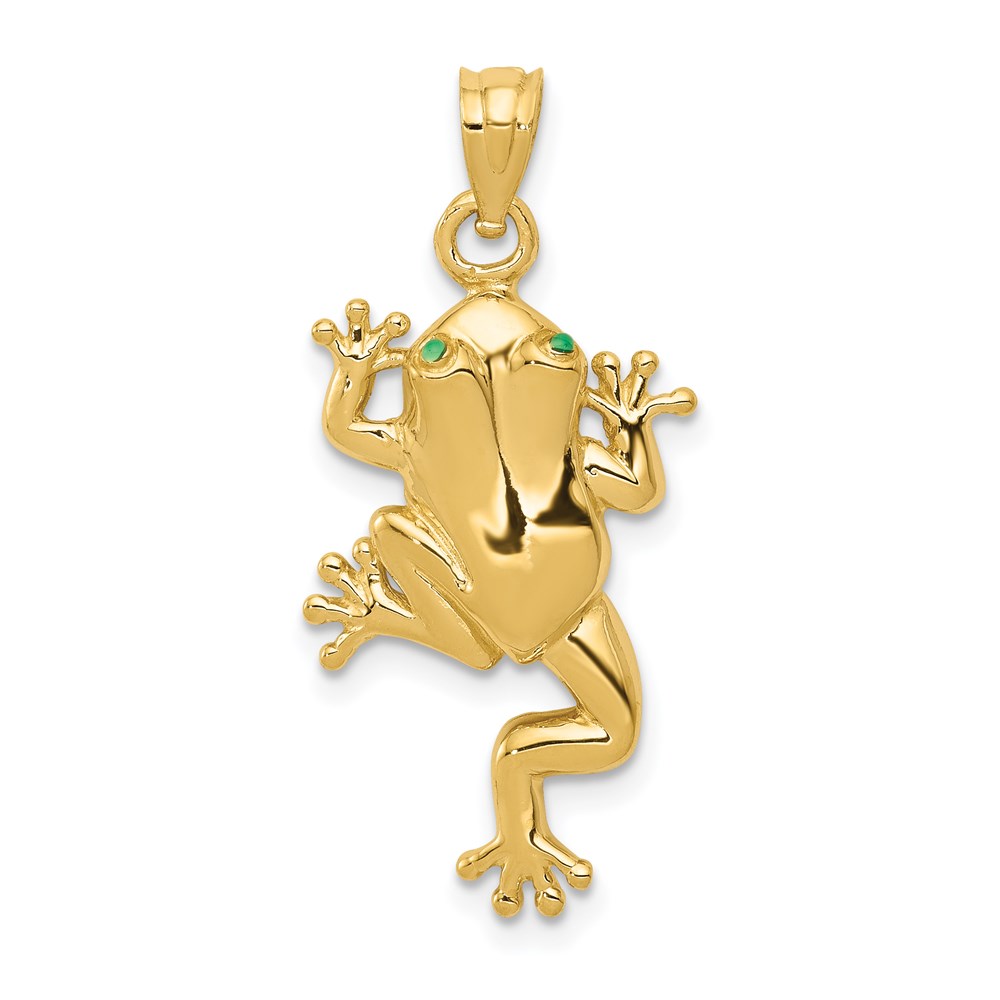 14k Yellow Gold and Enamel 2D Green Eyed Polished Frog Pendant