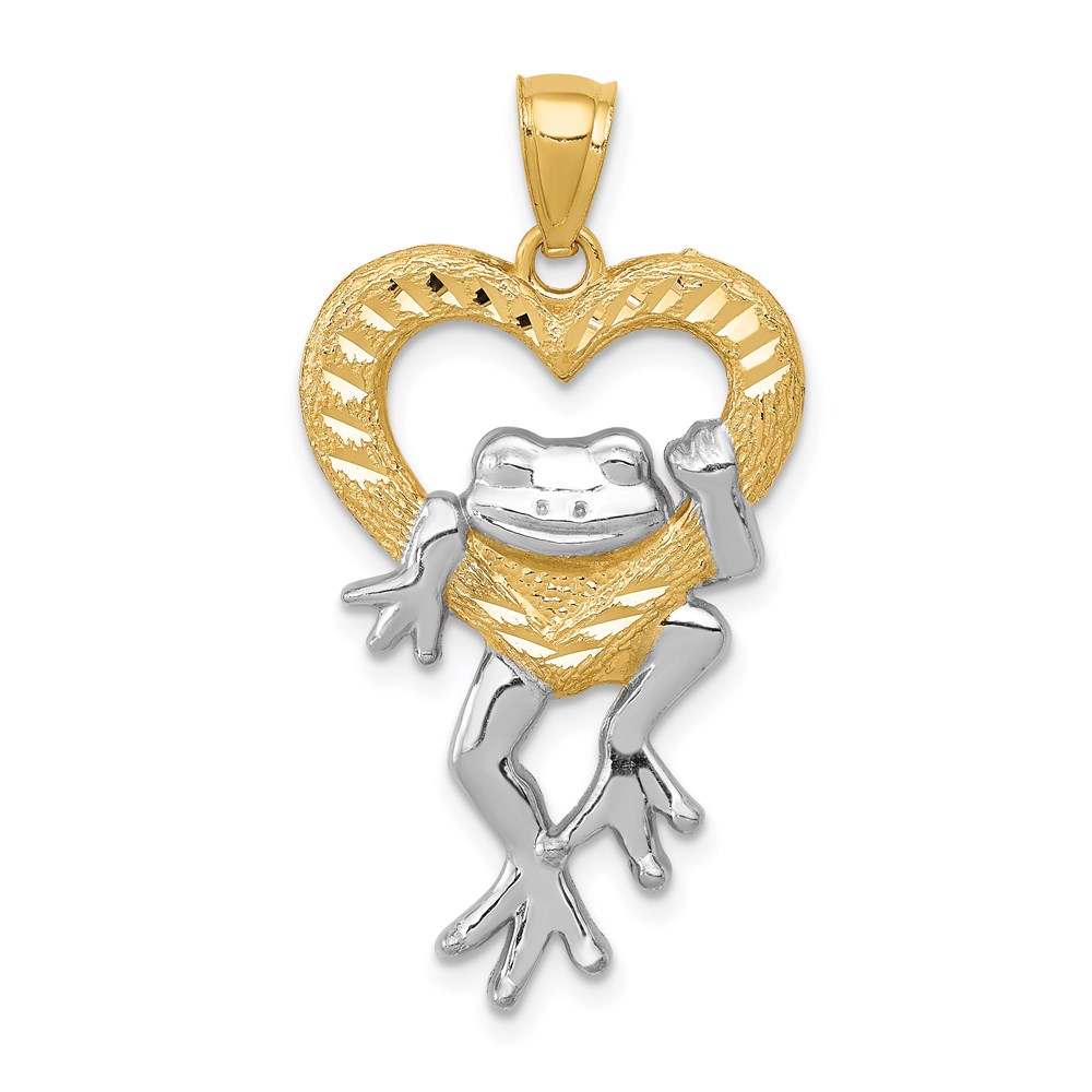 14k Yellow Gold and White Rhodium Two Tone Frog and Heart Pendant