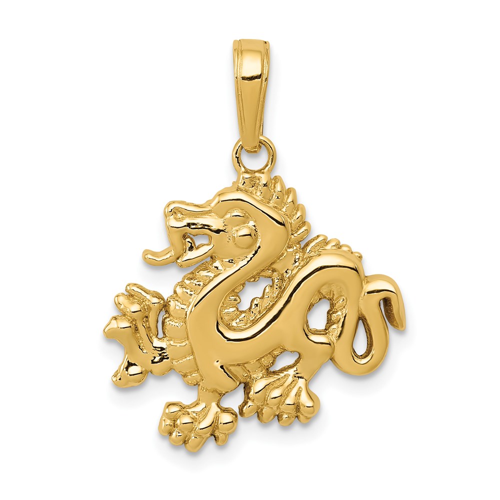 14k Yellow Gold 2D Dragon Pendant, 18mm