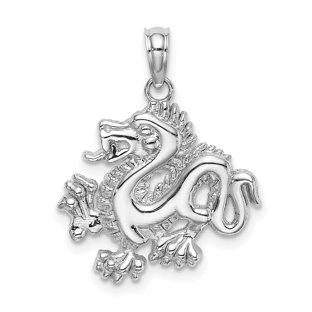 14k White Gold 2D Dragon Pendant, 18mm