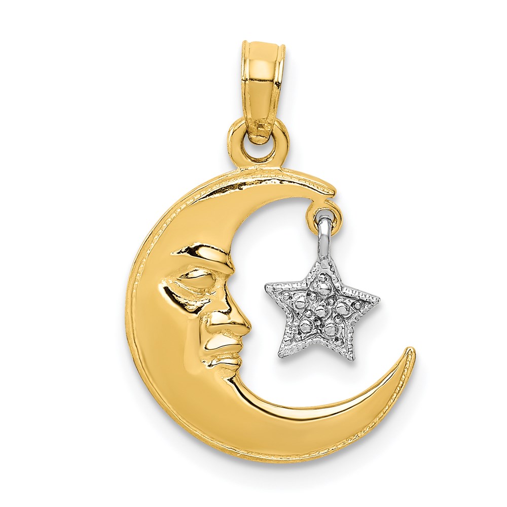 14k Yellow and White Gold Moon Face and Dangling Star Pendant