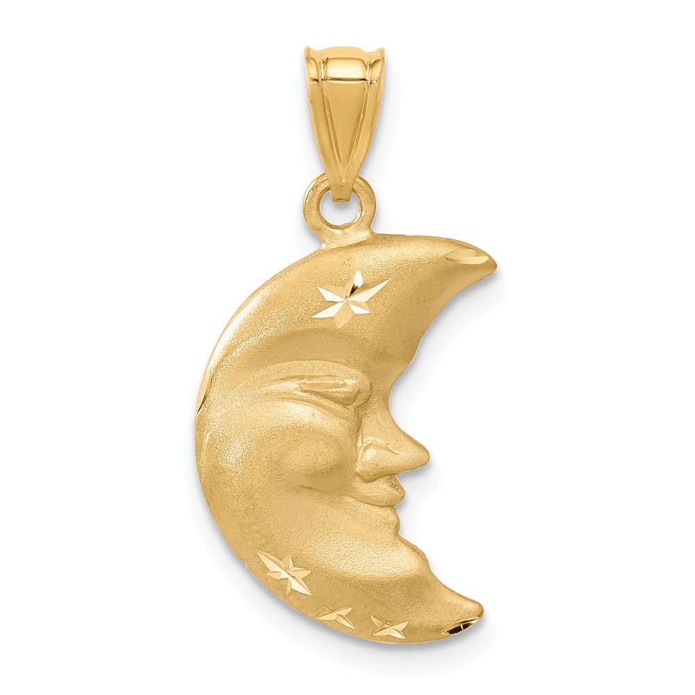 14k Yellow Gold Satin and Diamond Cut Crescent Moon Face Pendant