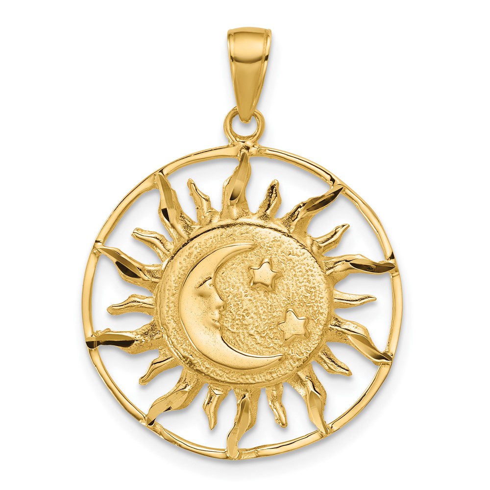 14k Yellow Gold 22mm Sun, Moon and Stars Circle Pendant