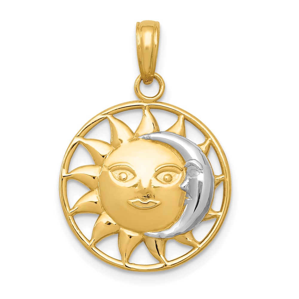 14k Yellow Gold & White Rhodium 17mm Sun and Moon Circle Pendant