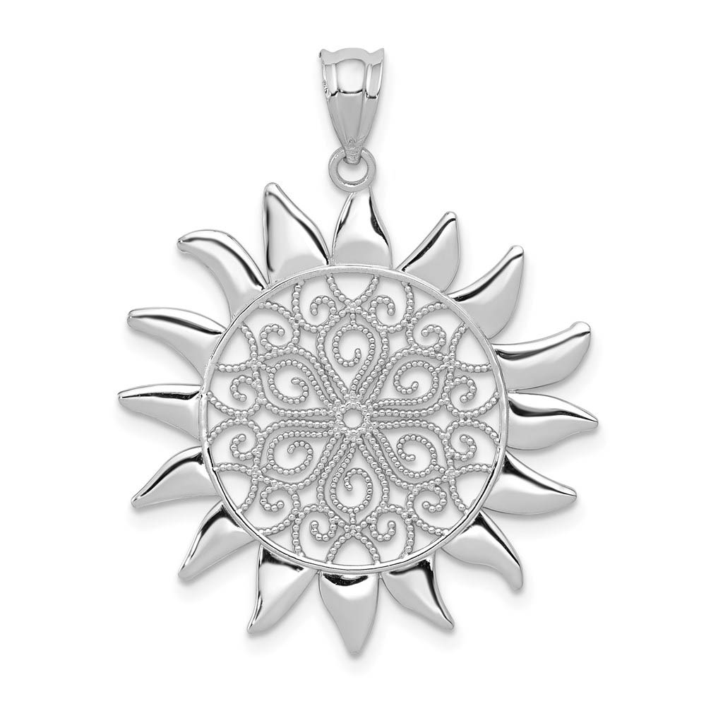 14k White Gold Filigree Sun Pendant, 27mm