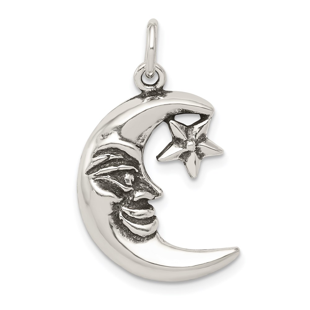Sterling Silver 2D Antiqued Crescent Moon and Star Pendant