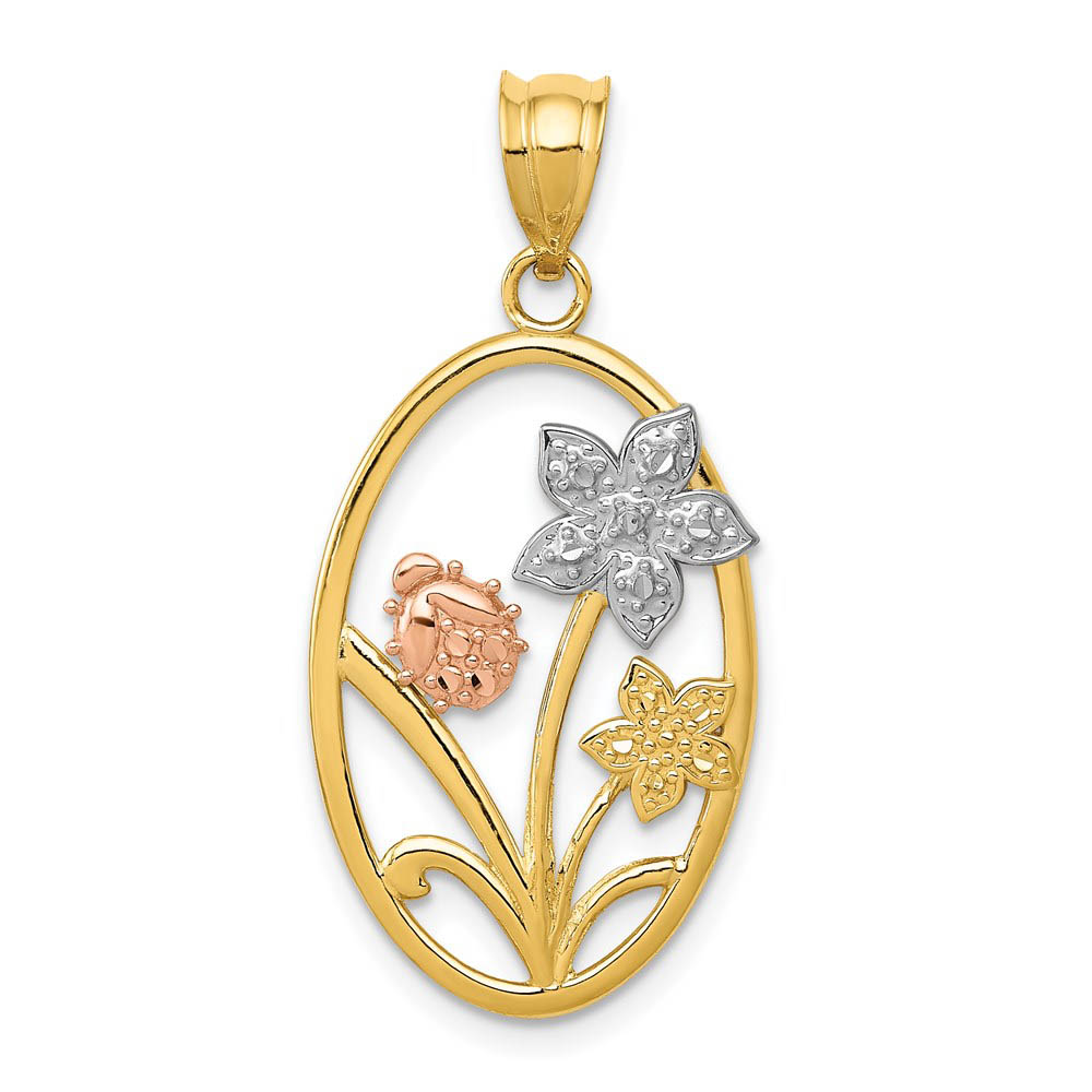 14k Yellow & Rose Gold with White Rhodium Oval Floral Pendant