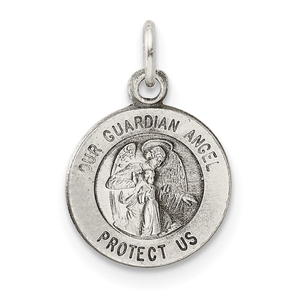 Sterling Silver Antiqued Guardian Angel Medal Charm, 11mm