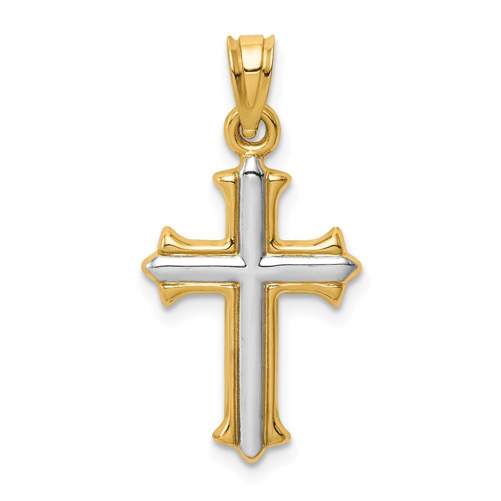 14k Yellow Gold and White Rhodium Hollow Fleur de Lis Cross Pendant