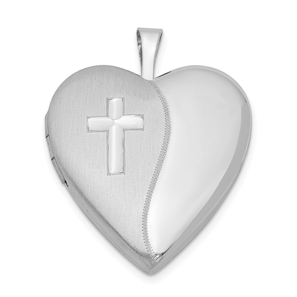 Sterling Silver 20mm Polished and Satin Heart w/ Cross Locket